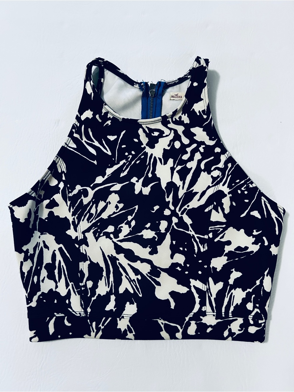 Holister High Neck Abstract Print Crop Top in Navy & White